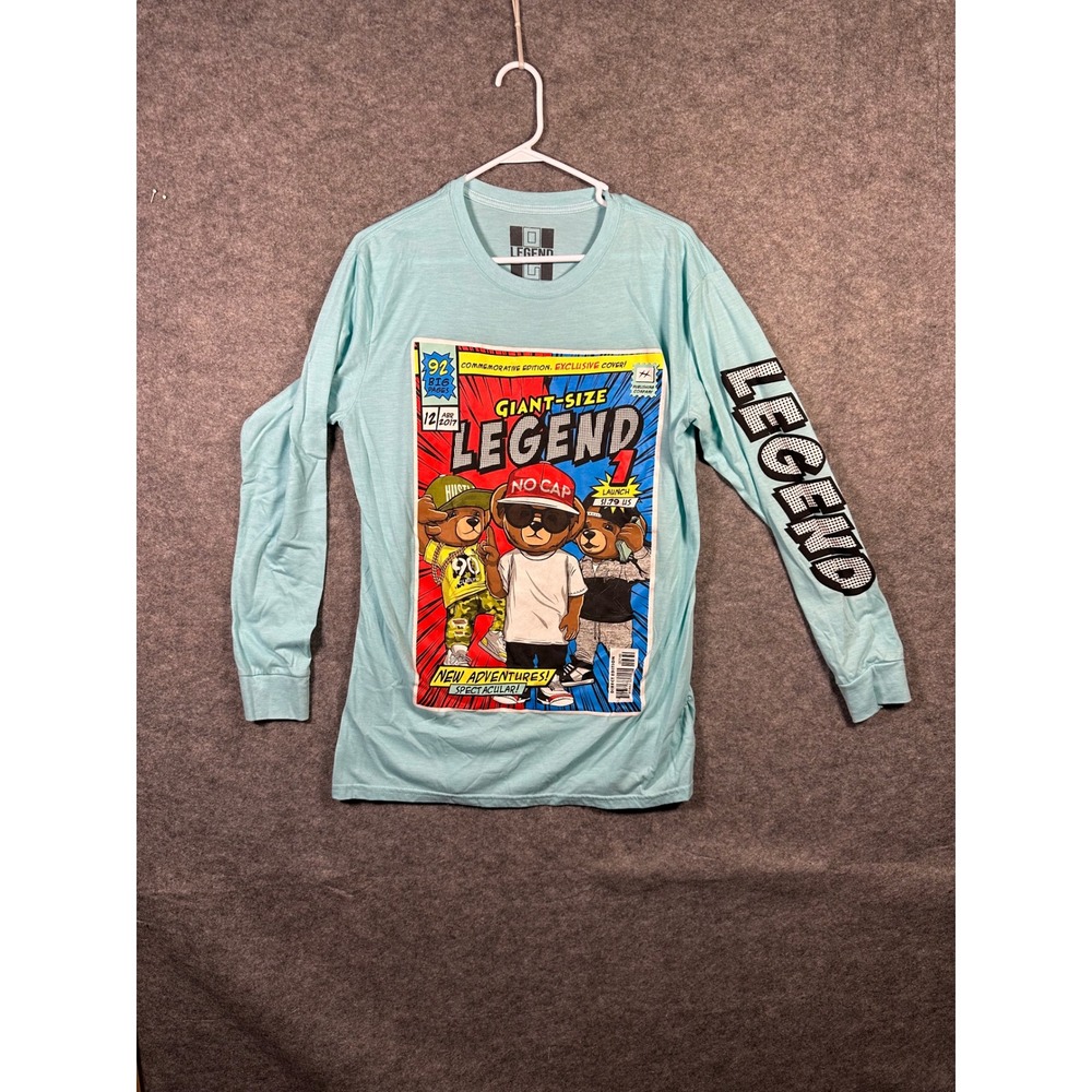 Legend Comic Bear Graphic‎ Long Sleeve T Shirt Mens Size L, Blue Novelty